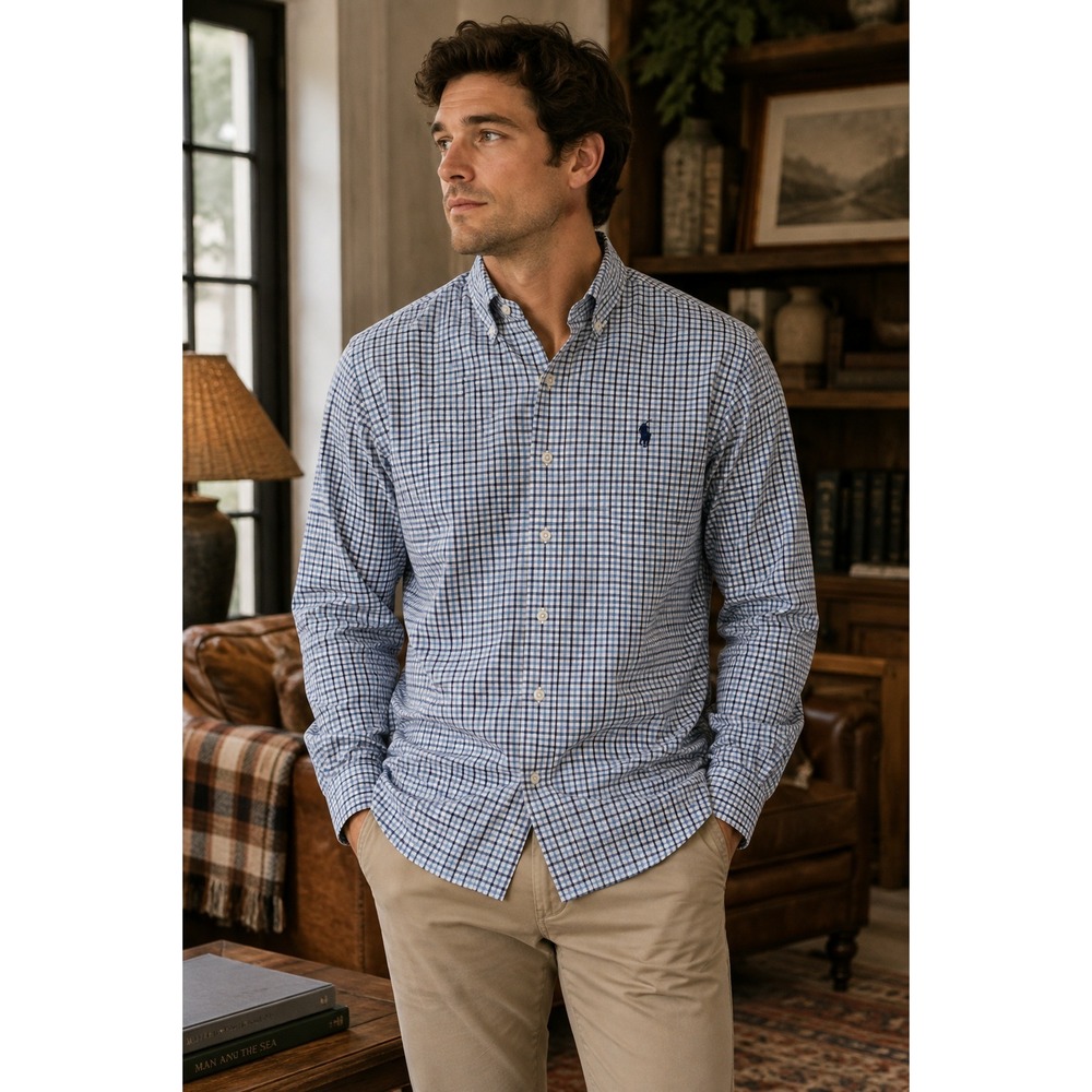 Ralph Lauren Shirt Mens 16.5 Blue Plaid Button Down Preppy Classic Office